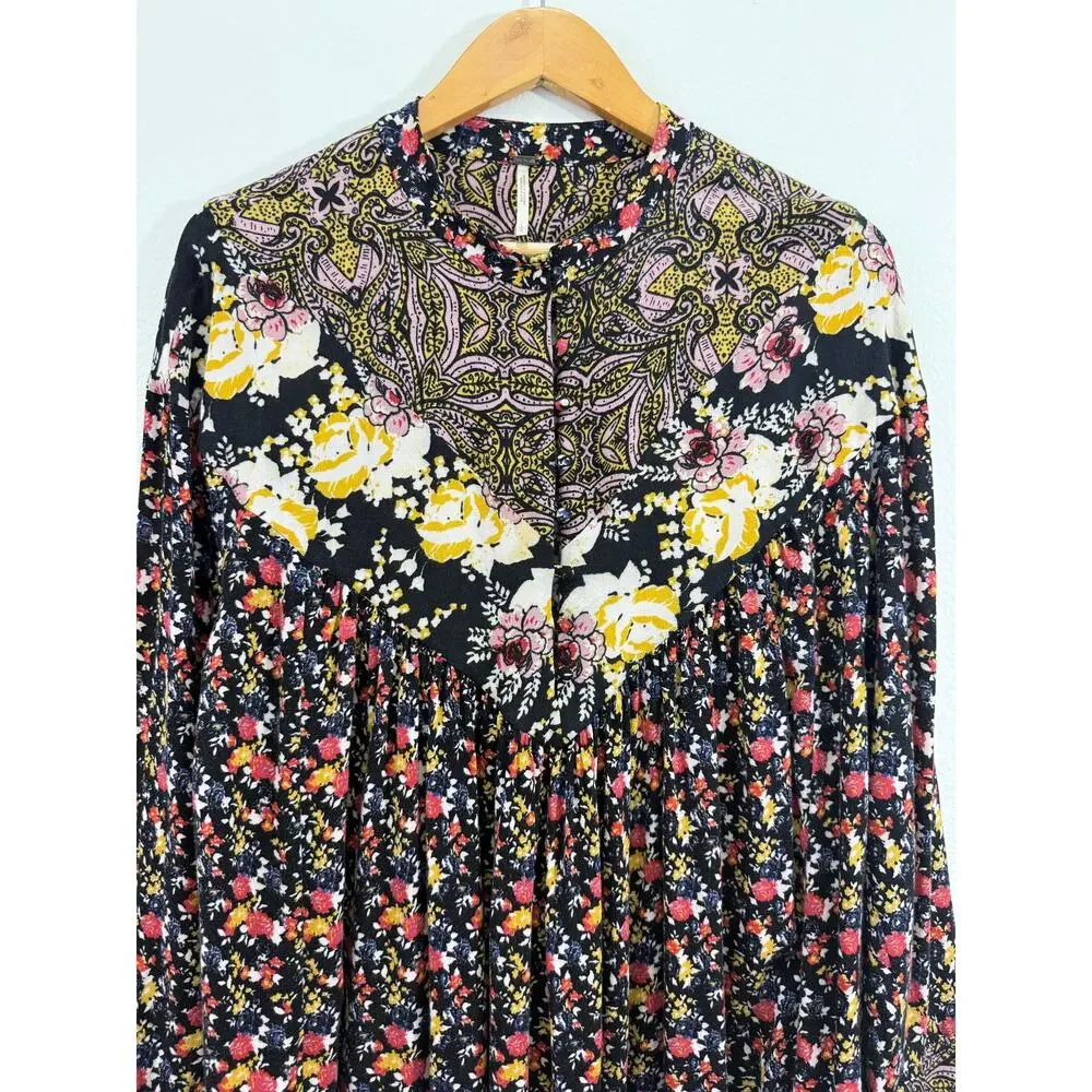 Free People Wildflower Fields Floral Tunic Blouse Boho Button Henley Top Sz L